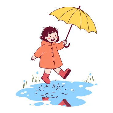 A cheerful scene on an April day featuring a child jumping in puddles. The child is wearing a bright orange raincoat and red rubber boots, splashing water as they leap into a large puddle. Above the child, a bright yellow umbrella is held, creating a vibrant contrast against the grey sky. The ground is dotted with several small puddles reflecting the child’s joyful expression and the surrounding environment.