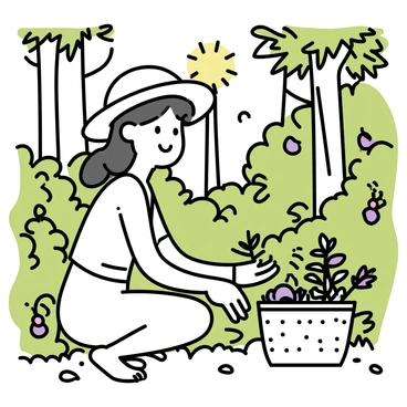 An indigenous healer, wearing a woven straw hat and simple cloth attire, is crouched down on the forest floor. She is carefully gathering various herbs, placing them into a woven basket beside her. The dense forest surrounds her, with tall trees and thick underbrush creating a lush green backdrop. Sunlight filters through the leaves, casting dappled shadows. Various herbs, such as ferns and small flowering plants, are visible in her hands. The healer is focused on her task, displaying a sense of deep connection to the natural environment.