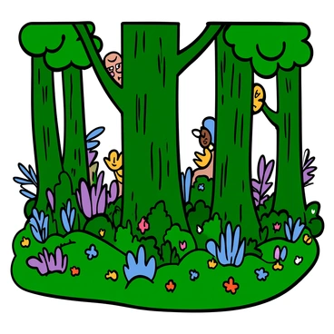A lush forest filled with tall trees, their trunks covered in green moss. Various plants emit a soft glow in shades of blue and purple, lighting up the forest floor. Mythical creatures, such as small fairies with delicate wings and bright colors, can be seen peeking out from behind the trees, curious and playful. The atmosphere is vibrant with colorful flowers scattered throughout the scene, adding to the enchanting feeling of the forest.