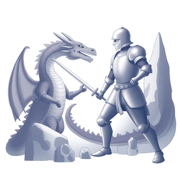 A knight clad in shining armor stands firmly in a dynamic pose, gripping a sword tightly in one hand. The knight's face is determined, with a helmet partially raised to reveal focused eyes. In front of the knight looms a large dragon, its scales detailed and menacing. The dragon has large, flared nostrils and sharp teeth visible in a fierce snarl. Surrounding them are towering, jagged rocks and a faint glow emanating from the background, suggesting a mystical realm filled with an ethereal light. The atmosphere conveys tension as the knight and dragon face each other, ready for confrontation.