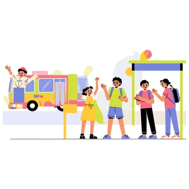 A group of four children standing at a cartoon bus stop, each displaying a different expression of excitement. The first child, a boy with curly hair wearing a red cap, jumps up with his hands raised. The second child, a girl with pigtails in a yellow dress, is pointing at the approaching bus with a big smile. The third child, a boy in glasses wearing a green t-shirt, is bouncing on his toes with anticipation. The fourth child, a girl with a blue backpack, is clapping her hands happily. The bus stop is decorated with colorful signs and a bright blue sky in the background. An animated, multi-colored bus is approaching, with its doors open and headlights shining.