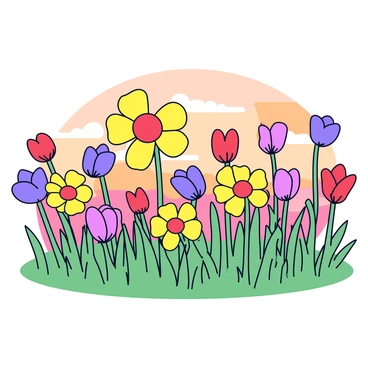 A field of wildflowers in various colors, including yellow, purple, and red. The flowers sway gently as a soft breeze moves through them. The sky is painted in shades of orange and pink, indicating sunset. The grass beneath the flowers is lush and green, completing the serene landscape.