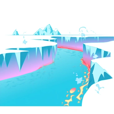 A wide river flows through a stark landscape, with one bank composed of crystalline ice, shimmering in various shades of blue and white. The ice features sharp, jagged edges and reflective surfaces, creating a stark contrast against the other bank. The opposite bank is a vibrant flow of lava, glowing with bright oranges, yellows, and reds. The lava bubbles and swirls, emitting wisps of smoke as it moves toward the river. The two contrasting elements of ice and lava border the river, showcasing the extremes of temperature and texture.