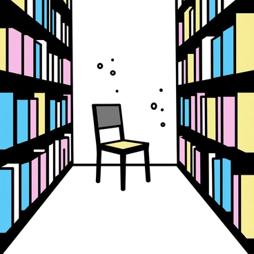 An empty library aisle with tall bookshelves lined with colorful spines of books on either side. The aisle is well-lit, casting soft shadows on the polished wooden floor. In the center of the aisle, there is a single wooden chair, angled slightly to face the shelves. The chair has a simple design with a straight backrest and is made of dark wood, contrasting with the light surroundings. Dust particles are visible in the sunlight streaming through a nearby window, adding to the peaceful atmosphere.
