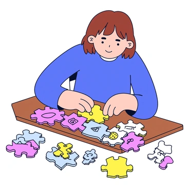 A person sitting at a wooden table, focused on assembling a colorful puzzle. The puzzle pieces are uniquely shaped, each depicting various symbols representing different sources of anxiety, such as a storm cloud, a ticking clock, and a crowded room. The person has medium-length brown hair and is wearing a blue sweater. Their hands are delicately placed on the table as they hold a piece, examining it closely. Surrounding the puzzle are scattered pieces and a few completed sections, creating a sense of progress and challenge.