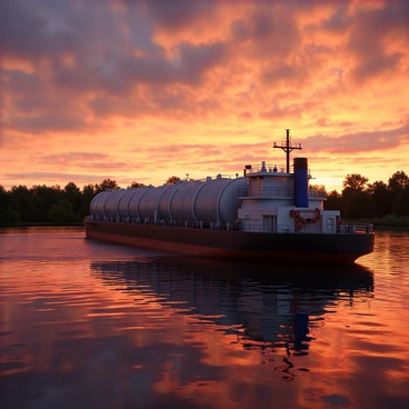 A tank barge with a metal hull is floating on the calm surface of a river. The barge has several large tanks on its deck, and its structure is robust and industrial. The sky above is filled with vibrant colors, showcasing a fiery sunset with hues of orange, red, and purple blending together. The reflection of the sunset is visible on the water, creating a warm glow. The riverbanks are lined with silhouettes of trees and bushes, adding depth to the scene.