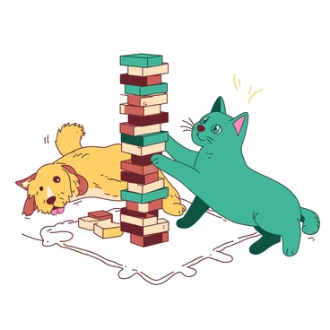 A teal cat is playfully pawing at a tall stack of wooden Jenga blocks, causing the tower to wobble. The cat has bright green eyes, full of curiosity, and is perched on a soft white rug. Sitting nearby, a fluffy yellow dog watches with an amused expression, its tail wagging slightly in excitement. The dog is lying down, with its ears perked up, focusing intently on the cat's antics. The scene is set in a cozy living room with a warm atmosphere.