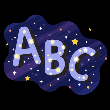 A galaxy scene filled with a variety of sparkling stars. The stars are arranged in the shape of the letters "A," "B," and "C." The surrounding space is deep blue and black, with swirls of purple and hints of white cosmic dust. Bright, twinkling stars are scattered around the letters, enhancing their sparkle. The letters themselves glow with a soft white light, standing out against the vibrant backdrop of the galaxy.
