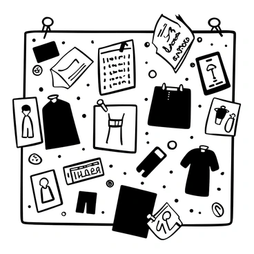 A corkboard covered with various "fabric swatches" in different textures and patterns. There are several "sketches" of clothing designs pinned haphazardly among the swatches. Clippings from "fashion magazines" are arranged around the board, featuring images of models and outfits. Push pins hold everything in place, and some items slightly overlap, creating a layered effect on the corkboard.