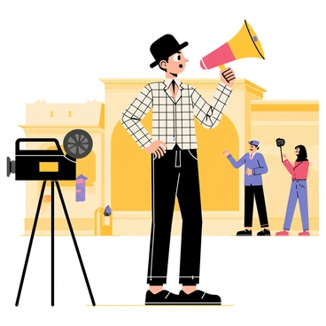 A movie director from the early 1900s is standing on a film set, wearing a black bowler hat and a checkered suit. He holds a large, vintage megaphone up to his mouth, directing the scene with enthusiasm. Behind him, there are wooden set pieces resembling a bustling street, with crew members adjusting lights and cameras. The director has a serious yet passionate expression, and a rolling film camera can be seen to his left, indicating that a scene is in progress. The atmosphere is filled with an air of creativity and early cinematic innovation.