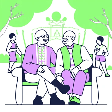 Nelson Mandela and Desmond Tutu are sitting side by side on a large, comfortable bench in a park. They both have broad smiles on their faces, reflecting joy and camaraderie. Mandela, wearing a patterned shirt and glasses, has one hand resting on his knee while the other gestures as he speaks. Tutu, in a clerical collar and colorful vest, leans slightly towards Mandela, listening intently while grinning. Behind them, there are green trees providing ample shade, and a few people can be seen strolling in the background, creating a relaxed atmosphere. The sunlight filters through the leaves, casting playful shadows around the two men.