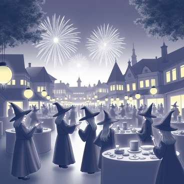 A vibrant festival scene set during the evening, celebrating witches. The atmosphere is illuminated by many lanterns hanging from trees and buildings, casting warm light. In the sky, fireworks burst into elaborate shapes and patterns. Groups of people are dressed in various witch costumes, complete with hats and cloaks. Some are gathered around tables filled with festive foods and drinks. There are decorations featuring broomsticks, cauldrons, and spell books. The crowd is enjoying the festivities, laughing and chatting, creating a lively ambiance.