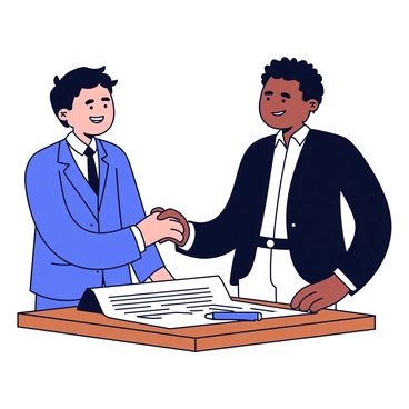 A client and a business owner are shaking hands, both smiling. The client is dressed in a formal blue suit, while the business owner is wearing a black blazer. They are standing next to a wooden table that holds a freshly signed contract document. The document has clear text and is partially rolled up, with a pen resting beside it. The background is minimal, focusing attention on the handshake and the contract.