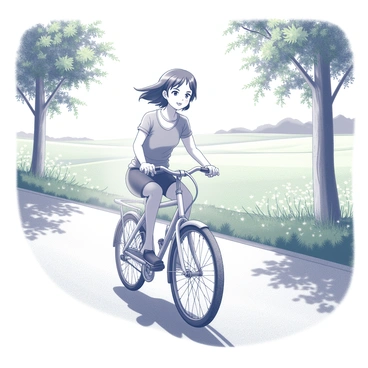 A girl with short hair is riding a bicycle along a countryside road. The scene is bright, illuminated by sunlight streaming through trees lining the path. The road is surrounded by lush green fields that stretch into the distance, dotted with wildflowers. The girl is wearing a casual outfit, and her hair flows gently in the breeze as she pedals. The bicycle has a classic design with a curved frame and a simple handlebar. The atmosphere feels lively and active, capturing the essence of a warm day in nature.