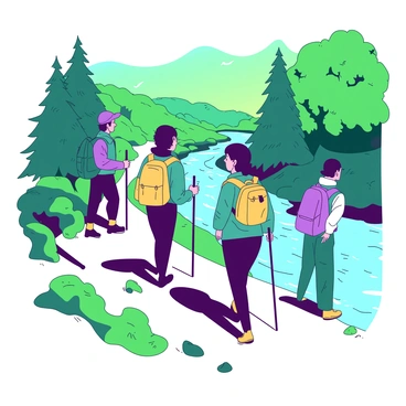 A group of three hikers is walking along a winding trail beside a flowing river. Each hiker is equipped with a backpack and a walking stick. The first hiker, wearing a teal jacket, leads the way, followed by a second hiker in a yellow vest. The third hiker, with a purple backpack, is bringing up the rear. Lush green trees line the bank of the river, creating a vibrant background. Sunlight filters through the leaves, casting shadows on the path. The river sparkles under the sunlight, reflecting the colors of the surrounding nature.