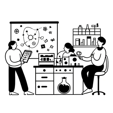 A group of scientists in a laboratory setting, gathered around a large table cluttered with various scientific instruments and diagrams. One scientist is holding a tablet displaying a holographic model of a molecule while another is adjusting a complex machine with numerous blinking lights. A third scientist is taking notes in a notepad, and large whiteboards filled with equations and diagrams are visible in the background. Shelves lined with beakers and test tubes are also present, adding to the atmosphere of innovation and research.