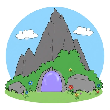 A towering mountain with rugged, jagged peaks rises dramatically against a clear blue sky. At the base of the mountain, there is a hidden entrance, partially concealed by large boulders and vibrant green foliage. This entrance emits a soft, ethereal glow, casting a magical light in shades of blue and purple. Surrounding the entrance, small wildflowers in various colors bloom, adding pops of brightness to the scene. A few fluffy white clouds float lazily above the mountain, enhancing the enchanting atmosphere.