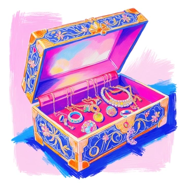 An ornate jewelry box is opened, revealing an array of necklaces and rings inside. The jewelry box has intricate carvings on its surface, featuring floral patterns and delicate swirls. Inside, several necklaces with sparkling gemstones and intricate chains are arranged elegantly. Various rings, some adorned with colorful stones and others with intricate metalwork, are scattered amongst the necklaces. The box's interior is lined with rich velvet fabric, adding a touch of luxury to the scene.