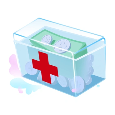 A clear box with a red emergency cross symbol is filled to the brim with cash and coins. The box is made of transparent material, allowing the viewer to see the various denominations of bills stacked neatly among shiny coins of different sizes. The red cross is prominently displayed on the front of the box, creating a strong contrast against the colorful currency inside. The background features soft, gradient pastel colors that enhance the overall visual appeal of the scene.