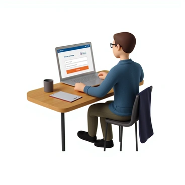 A person with light skin and short brown hair is sitting at a wooden desk, focused on a silver laptop. The laptop screen displays a bank application with a payment gateway interface, featuring fields for entering payment information and a "Pay Now" button. The person is wearing a blue sweater and glasses, with their right hand resting on the keyboard while their left hand is positioned near the trackpad. The workspace includes a coffee mug and a notepad beside the laptop.