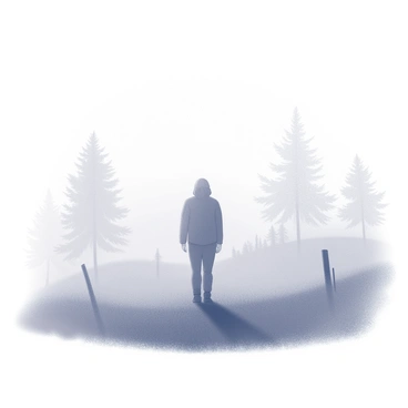 A figure stands in a dense fog, its form partially obscured by the mist. The silhouette of the figure appears to be a person, with indistinct features and clothing. Surrounding the figure, there are faint outlines of trees emerging from the fog, their trunks and branches barely discernible. The ground is shrouded in a thick layer of fog, creating an atmosphere of mystery and uncertainty. The scene captures a moment of solitude amidst the enveloping haze, emphasizing the isolation of the figure.