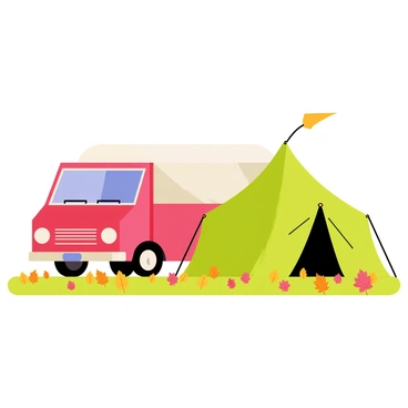 A truck painted in bright red color is parked on a grassy area. The ground is covered with colorful autumn leaves in shades of orange, yellow, and red, creating a vibrant carpet. Nearby, a large, green tent with a white roof is pitched, its entrance flapped open. The scene is illuminated by soft sunlight filtering through the trees, casting dappled shadows on the ground.