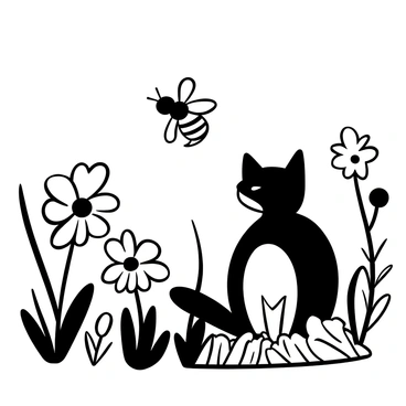 A honey bee hovering near a curious cat in a garden filled with various plants. The cat is sitting among tall grass, with its body slightly leaned forward in attention. There are several flowers blooming around, with intricate petals and leaves. The bee is detailed, with its wings delicately outstretched as it flits through the air.