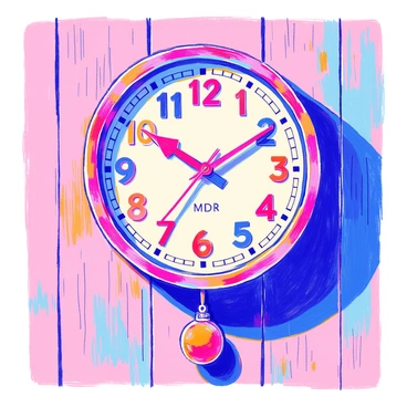 A wall clock with hands shaped like bow ties pointing at different times