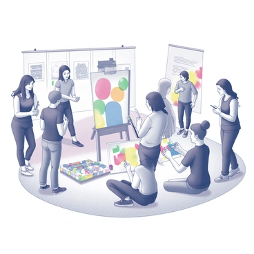 A campus event filled with students actively engaging in various artistic activities. One student is painting a large canvas on an easel, surrounded by vibrant paints and brushes. Another group is gathered around a sculpture, discussing techniques and ideas. Nearby, a performer is playing music, with a small crowd enjoying the live sound. In the background, colorful banners and art displays are set up, showcasing students' creative works. Several students are interacting, exchanging ideas and laughter, contributing to the dynamic atmosphere of the event.