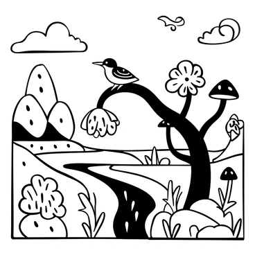 A kingfisher perched on a large, twisting branch surrounded by oversized mushrooms and flowers. The branch is adorned with intricate patterns and textures. In the background, a river winds through the landscape, with smooth stones and flowing water. The sky features fluffy clouds and swirling shapes. The setting gives an otherworldly atmosphere, enhancing the surreal nature of the scene.