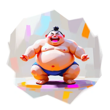 A cartoon character with a large round body and bright colors is performing a sumo squat with exaggerated movements. The character has a big smile on their face, showcasing a sense of humor. Their arms are outstretched to maintain balance, and their eyebrows are raised in a playful manner. The character's thick legs are bent in a deep squat, emphasizing the exaggerated nature of the movement. The background features simple, vibrant shapes to enhance the comedic atmosphere of the scene.