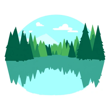 A teal lake is surrounded by tall green trees that are mirrored perfectly on the water's surface. The sky above is a soft blue with a few wispy clouds drifting. The trees are dense, with varying shades of green, and their reflections create a harmonious blend of nature. The calm water enhances the clarity of the reflections, making it appear as if the trees and sky are part of the lake itself.