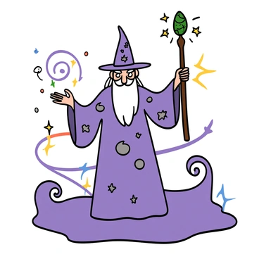 A wizard with light skin and a long white beard is casting spells. He is wearing a flowing purple robe adorned with silver stars and moons. The wizard has a tall pointed hat that matches his robe and holds a wooden staff with a glowing crystal at the top. He stands in a magical realm filled with swirling purple mist that envelops the ground. Ethereal sparkles float around him as he gestures with his hands, creating vibrant energy patterns in the air.