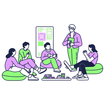 A group of teenagers is gathered in a spacious room actively participating in a workshop led by a counselor. The counselor, a middle-aged man with glasses, is standing at the front, holding a set of colorful cards and explaining the day's activities. The teenagers, a diverse mix of boys and girls, are seated in a semi-circle on bright cushions, listening attentively and occasionally raising their hands to ask questions. In front of them, there are various interactive materials scattered, including a large poster with game instructions, a stack of colorful blocks, and several small tables with art supplies. A few teenagers are collaborating in pairs, working on a creative project, while others are engaged in a game that involves teamwork and problem-solving. The atmosphere is energetic, with expressions of enthusiasm and focus on the faces of the participants.