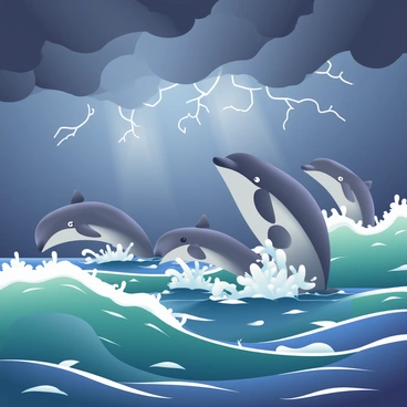 A group of dolphins with sleek bodies and gray skin is swimming near the surface of the ocean, just beneath dark, roiling storm clouds that create a dramatic atmosphere. The water is choppy, with large waves crashing and splashing around the dolphins. The surface of the ocean is a mix of deep blue and green hues, reflecting the turbulent conditions. Lightning can be seen lighting up the sky, casting bright flashes that momentarily illuminate the scene. Sea foam is forming around the dolphins as they leap gracefully through the waves, showcasing their playful nature in the midst of the storm.