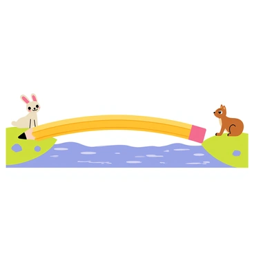 A long pencil positioned horizontally, acting as a bridge across a flowing river. The pencil has a yellow body with a pink eraser at one end. Below, the river has clear blue water with gentle ripples. On either side of the pencil, there are green grassy banks with small rocks scattered around. A couple of cartoon-style animals, such as a rabbit and a squirrel, are seen at the edges, looking curiously at the pencil bridge.
