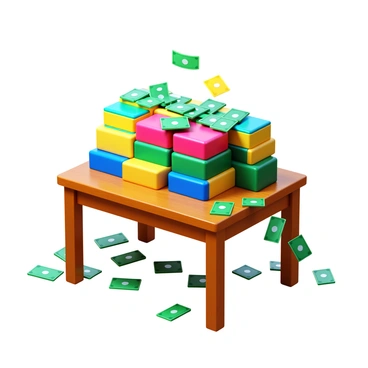 A large stack of "colorful Monopoly money" is spilling over a "wooden table". The bills are in various denominations, featuring bright hues of yellow, blue, green, and pink. The surface of the table has a rich, natural wood grain texture, with warm tones reflecting light. Some of the money is cascading down the sides of the stack, creating a dynamic visual effect. The scene is filled with an array of scattered bills, showcasing their distinct designs.