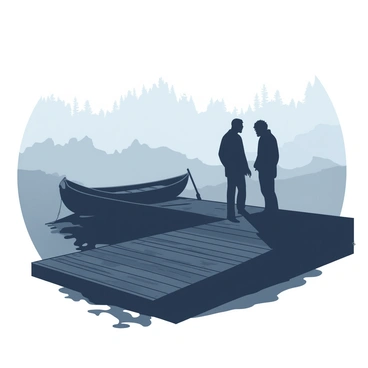 A gray fog blankets a dimly lit dock in the early morning, creating an atmosphere of suspense. Silhouetted figures stand at the edge of the dock, their outlines barely visible through the thick mist. A wooden boat is moored beside them, gently swaying with the lapping water, while the faint sound of water splashing against the dock adds to the tension. The figures appear engaged in a hushed conversation, their expressions obscured but tense, as they glance cautiously around. Damp wooden planks reflect the muted light, and the air is heavy with anticipation.