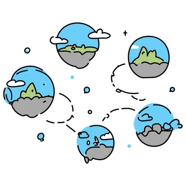 A landscape featuring multiple floating islands of varying sizes and shapes, some covered in lush greenery and others with rocky surfaces. Each island hangs in a bright blue sky, and between them, a network of translucent bubbles connects the islands, reflecting light in different colors. The bubbles vary in size, some large enough to carry small creatures, while others are tiny and delicate. A few birds can be seen flying among the islands, adding to the vibrant atmosphere of this fantasy world.