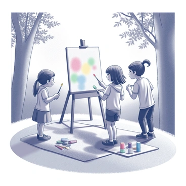 A group of children is gathered around an outdoor easel, focused on their painting activity. Each child holds a paintbrush, enthusiastically applying strokes to their canvases. The easel stands on a grassy area, surrounded by tall trees and lush greenery. The sunlight filters through the leaves, casting dappled shadows on the ground. Some children are laughing and sharing colors, while others concentrate intently on their artwork. There are various art supplies scattered on a nearby blanket, including paint tubes and brushes. The scene captures a joyful moment of creativity and collaboration in nature.