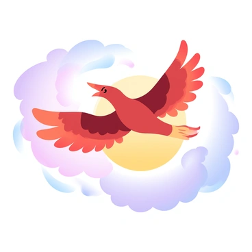 A mythical bird is soaring through the sky with wings that appear to be made of vibrant flames. The bird's body is a mix of deep reds and oranges, creating a striking contrast against the backdrop. Below the bird, a picturesque sunset is unfolding, filled with gradient pastel colors, blending shades of purple, pink, and gold. Wispy clouds are scattered across the sky, catching the light of the sunset, enhancing the ethereal atmosphere. The scene captures a moment of dynamic movement and vivid colors.