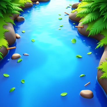 A fast-flowing river with clear blue water. The surface of the river is gleaming in sunlight, reflecting various shades of light. Numerous green leaves and small sticks drift along the current, creating ripples in the water. The banks of the river are lined with lush greenery, including ferns and grass, enhancing the scene's vibrancy. Small rocks are visible beneath the surface of the water, adding texture to the riverbed.