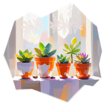 A collection of various succulents in decorative pots arranged on a sunny windowsill.