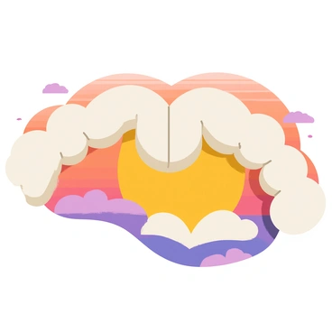 Two hands made of fluffy white clouds are positioned in the sky, gently molding a heart shape between them. The background features a vibrant sunset with shades of orange, pink, and purple blending together. The sun is partially visible near the horizon, casting warm light that highlights the edges of the clouds. Soft wisps of additional clouds surround the scene, creating a dreamy atmosphere.