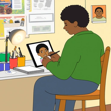 An artist with medium brown skin and curly black hair is focused on a tablet, drawing a vibrant digital face illustration with expressive features. The studio is adorned with colorful art supplies, including various brushes and sketchbooks scattered around. There is a warm light source coming from a desk lamp, casting a soft glow on the artist's workspace. Behind the artist, a wall is decorated with colorful paintings and sketches, adding to the creative atmosphere. The artist is wearing a comfortable green sweatshirt and sits on a wooden chair with a slight smile, immersed in the art-making process.