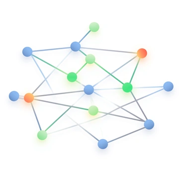 A 3D network diagram is displayed in the center of the image. The diagram features interconnected lines creating a complex web-like structure. Each intersection point is represented by glowing contact nodes in various colors, including blue, green, and orange. The nodes emit a soft light, casting gentle reflections on the surrounding lines. The lines connecting the nodes vary in thickness, enhancing the sense of depth and dimension in the diagram. The background is a subtle gradient, providing a smooth transition that highlights the vibrant colors of the nodes.