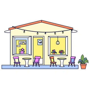 A quaint vintage cafe with a light-colored exterior and wooden accents. The cafe features several small round tables with colorful chairs placed outside. Above the outdoor seating area, there are string lights gracefully hanging, casting a warm glow. Potted plants with vibrant flowers are set on each table, adding to the charming atmosphere.