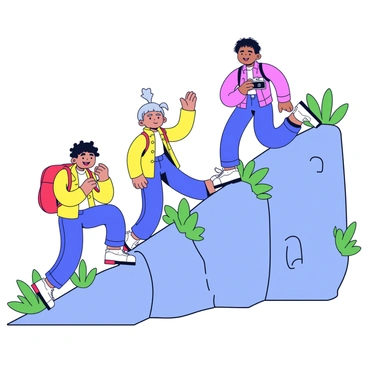 A group of four friends scaling a rocky mountain. Two friends are at the forefront, one wearing a red backpack and the other donning a bright yellow jacket. The third friend is climbing up a steep section with a focused expression, while the fourth friend is holding a camera, capturing the moment. The mountain landscape features a clear blue sky and patches of green grass peeking through the rocky terrain. Each friend appears to have a sense of joy and determination as they tackle the climb together.