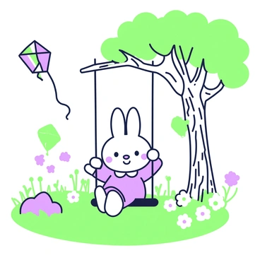 Miffy, a small rabbit character, is sitting on a swing in a park. The swing is hanging from a sturdy tree branch, surrounded by green grass and blooming flowers. Miffy's expression is cheerful as she gently sways back and forth. In the background, there are a few trees with full foliage providing shade. Sunlight filters through the leaves, casting playful shadows on the ground. A colorful kite is visible in the sky, fluttering in the breeze.