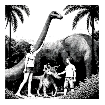 Two characters, a young girl with braided hair and a boy with short curly hair, are playfully interacting with a group of friendly dinosaurs in a lush prehistoric landscape. The girl is reaching out to touch the snout of a large, gentle Brachiosaurus, which has a long neck and a friendly expression. The boy is laughing as he stands next to a small, playful Velociraptor, which is crouching with a curious look. Surrounding them are dense ferns and large palm-like trees, adding to the vibrant and rich environment of the prehistoric setting. In the background, a range of mountains can be seen, enhancing the depth of the scene.